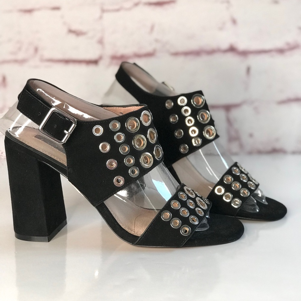 TOPSHOP Black Suede Silver Grommet Block Heel Ankle Strap Slingback Heel NWT 9.5 - Picture 16 of 16